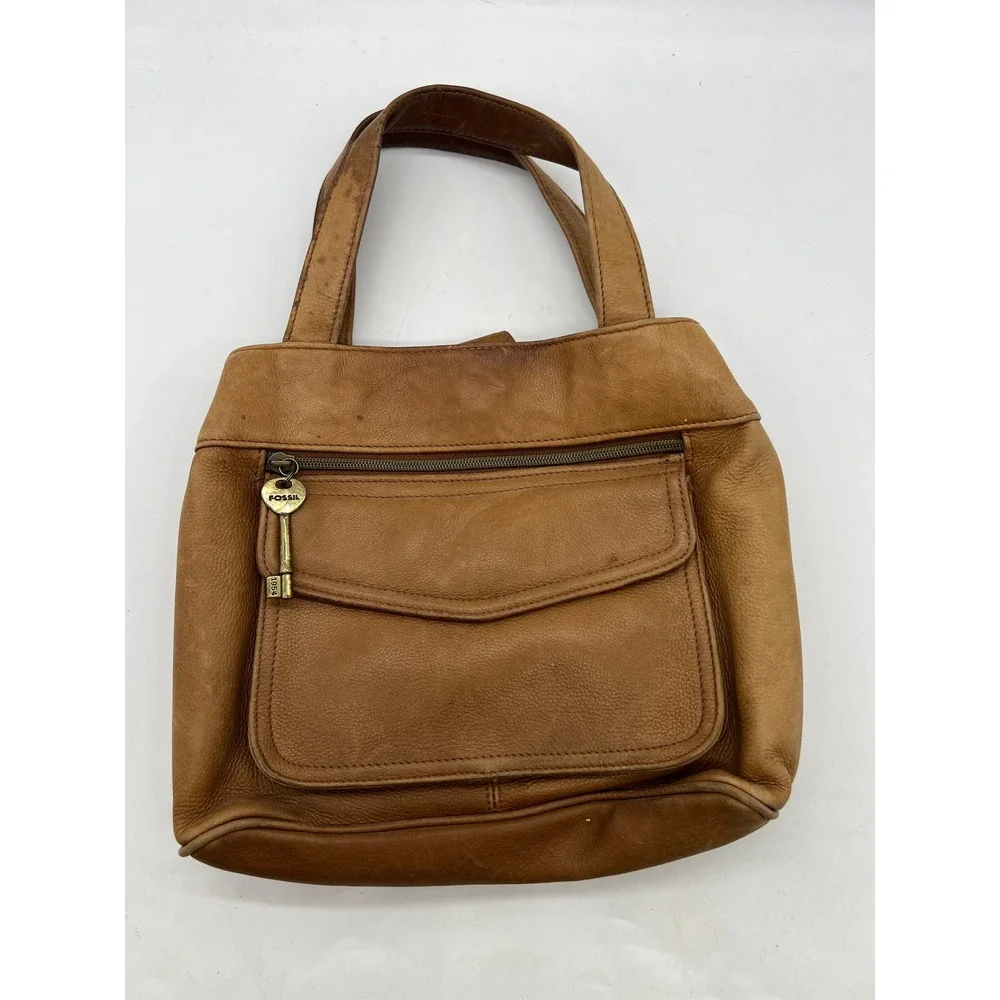 Boho Y2K Fossil Genuine Leather Handbag Satchel Tan Cognac minimalist, everday - Picture 1 of 12